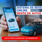 Sistema de reservas online para renta de autos en smartphone con auto azul - Cómo aumentar reservas y ventas en empresas de alquiler de vehículos 2025