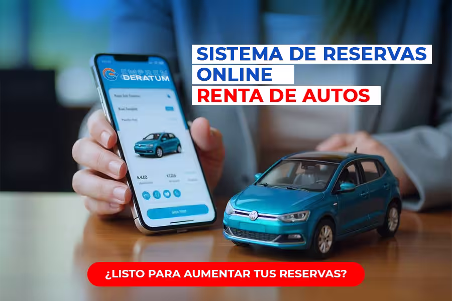 Sistema de reservas online para renta de autos en smartphone con auto azul - Cómo aumentar reservas y ventas en empresas de alquiler de vehículos 2025
